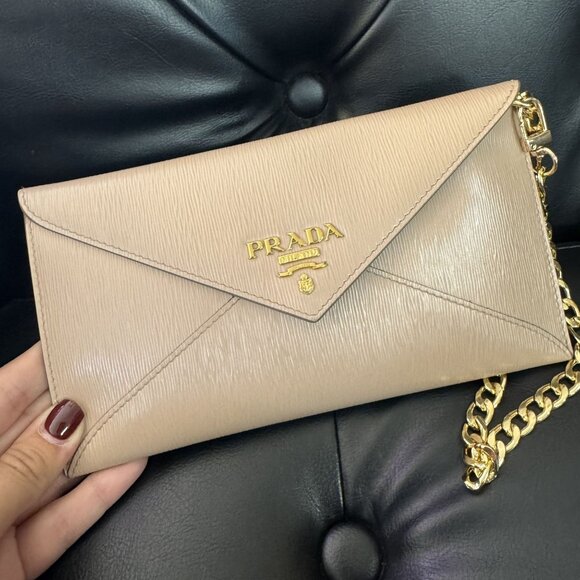 Prada Saffiano Metal Envelope Leather Wallet Clutch Cammeo Cream With Aftermarke - Picture 1 of 13